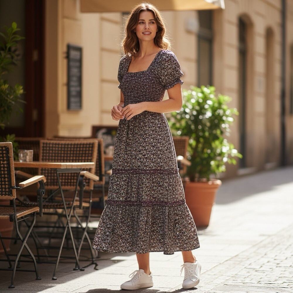 CAARA Smocked tiered Midi dress puff sleeves Ditsy floral Sz M Romantic chic
